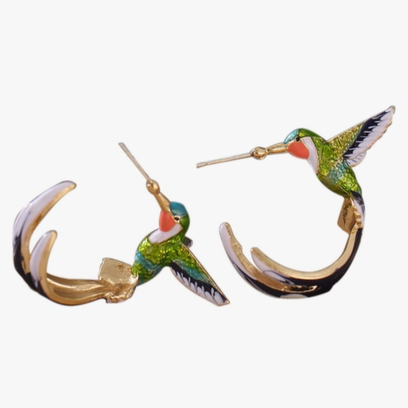Blue Green Gold Flying Hummingbird Hoops Bird Hoop Earrings Enamel Hummingbirds - Picture 3 of 8
